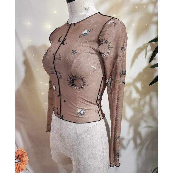 Full Tilt Sheer Mesh Celestial Sun Moon Crop Long Sleeve Top Size XS Beige Tan - Picture 3 of 9
